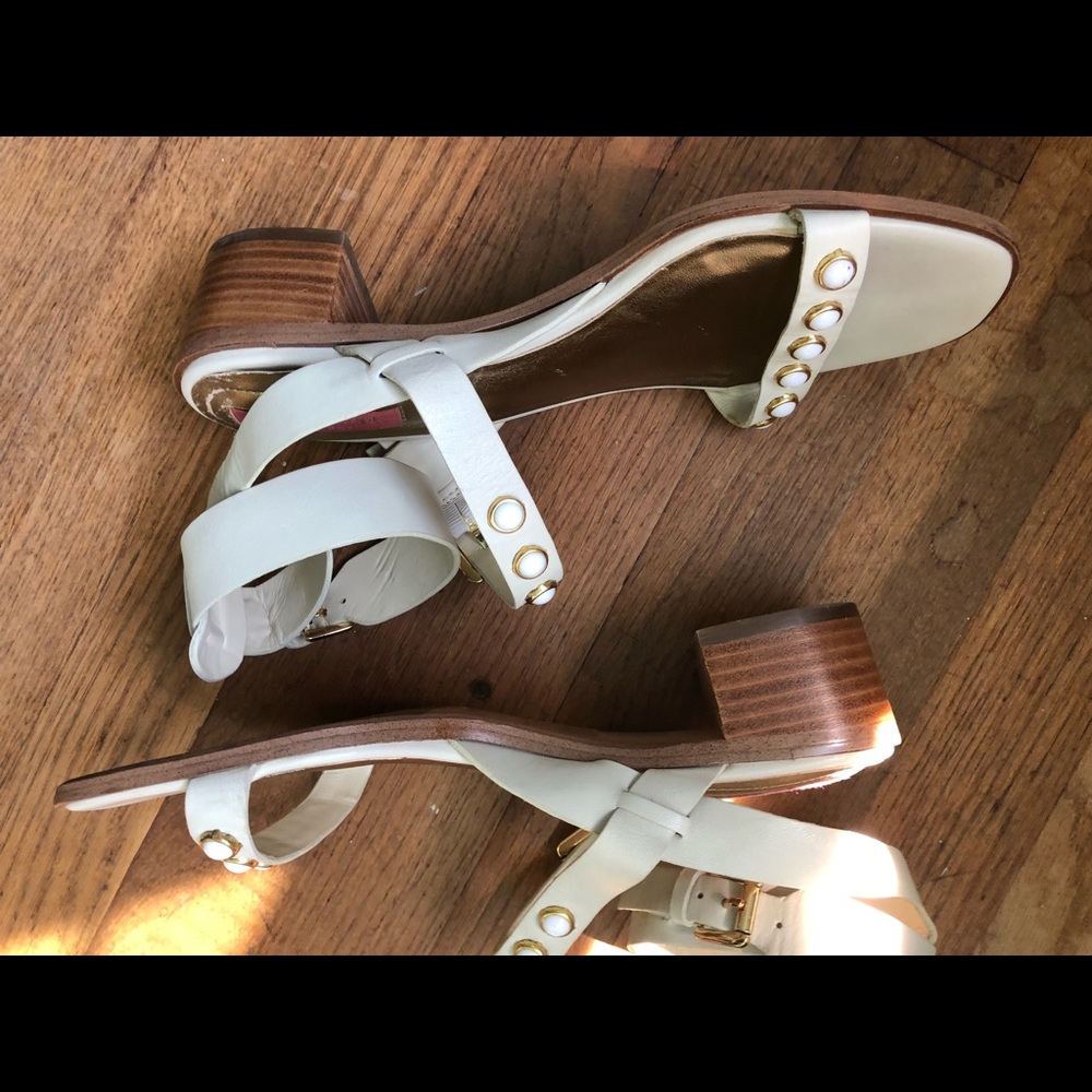 Isaac Mizrahi Beaded leather stacked heel sandal
